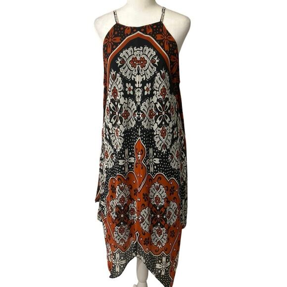 MSK Black Floral Asymmetrical Handkerchief Hem Halter Neck Boho Midi Dress 10 - Picture 6 of 12